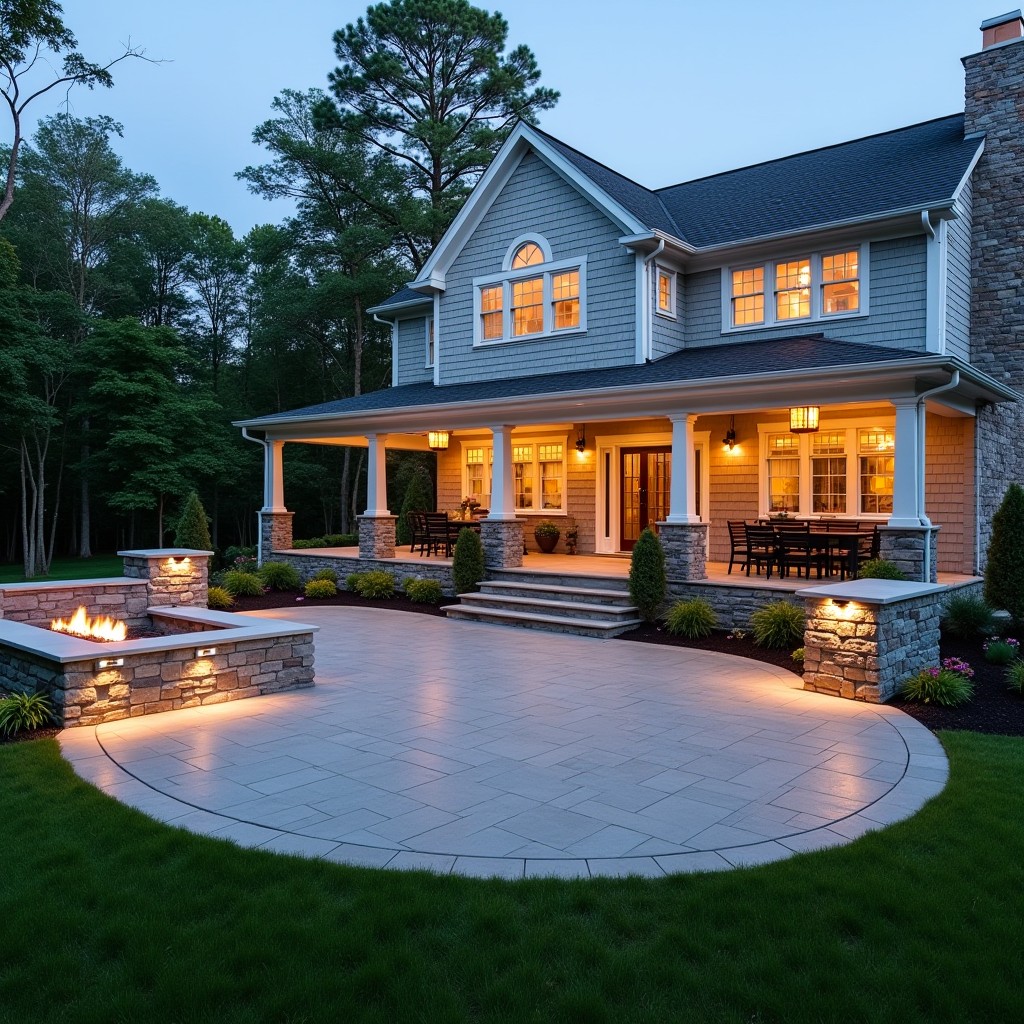 Stamped concrete patio and outdoor living space designed for Abington, MA home.